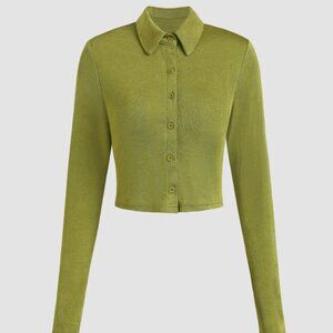 Cider Green Collared Button Up Crop Top
